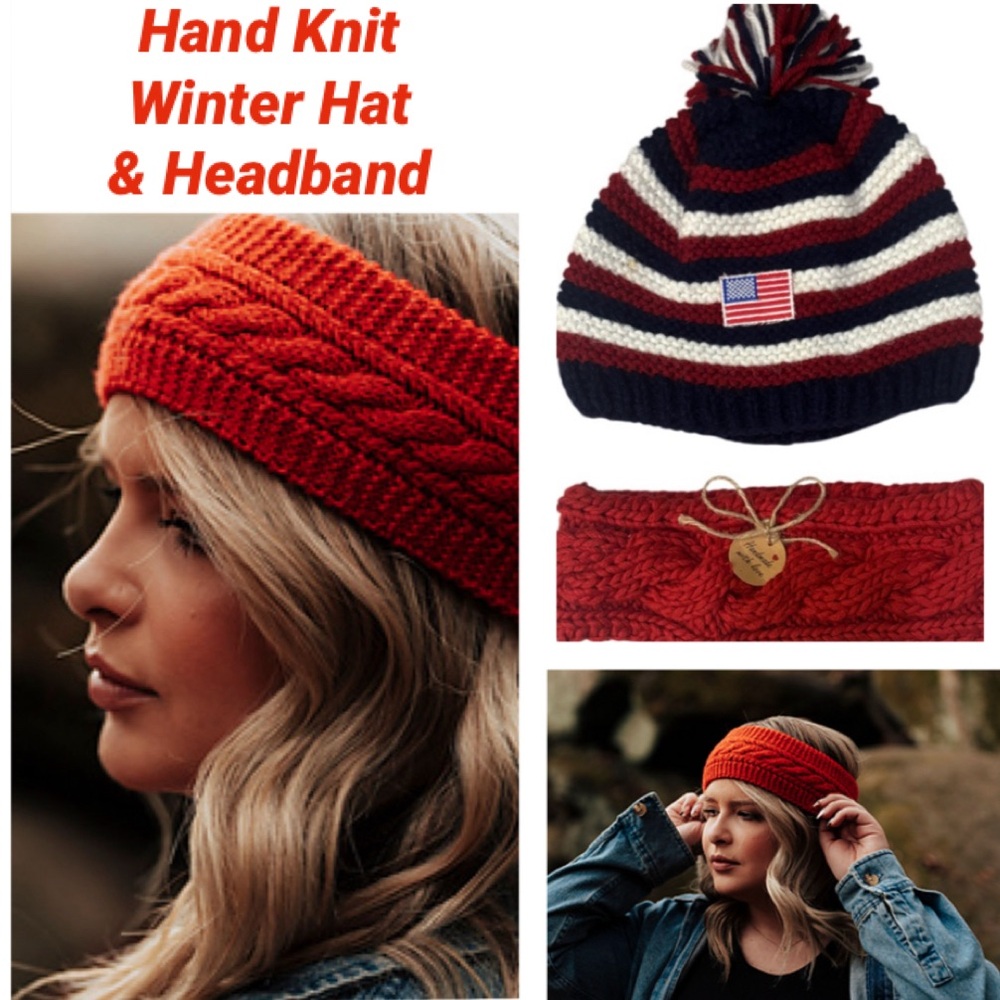 Handmade Knit Crochet Beanie Headband Ear Warmer Ski Sweater Knit Red White Blue